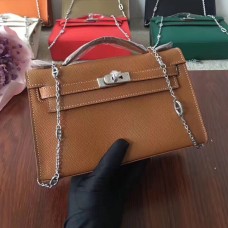 Hermes Mini Kelly 22cm Epsom Leather Camel Silver With Chain Strap