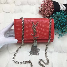 YSL Tassel Chain Bag 17cm Croco Red Silver